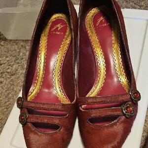 J Vincent Pony Hair Kitty Heels with Gold Accents